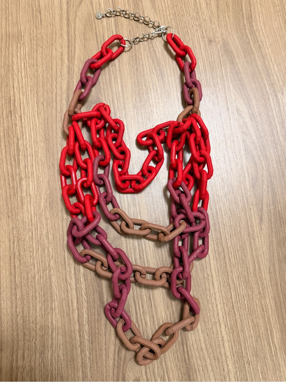 Sassy Jones Multi-Strand Red Pink Tan Link Necklace